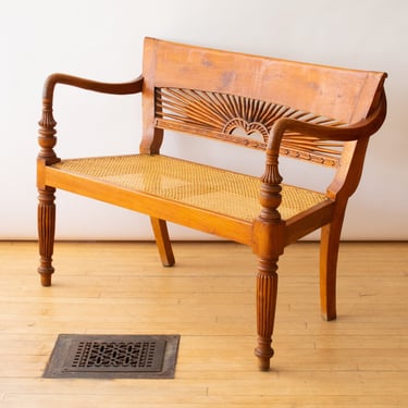 Anglo-Indian Teak &amp; Cane Bench