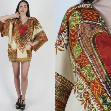 Cream Paisley Angel Sleeve Pockets Dashiki / Vintage 70s Ethnic Heart Shaped Tribal Dress / African Beige Cotton Mini Dress 
