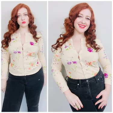 Y2K Buttercream Rayon / Nylon Embroidered Cardigan / Vintage Colorful Floral 50s Style Button Up Knit Sweater / Size Medium - Large 