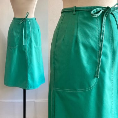Vintage 70's Cotton Wrap Skirt / WHITE Top Stitch + Deep POCKETS / KORET 