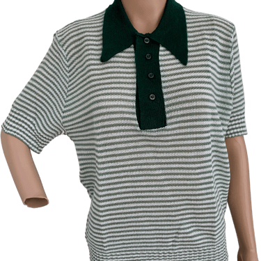 70s Sage Green Striped Top Shirt Jac Sheer Knit L