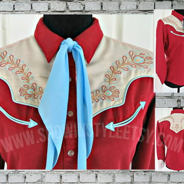 Vintage Retro Women's Cowgirl Western Shirt by Wrangler, Rodeo Queen Blouse, Embroidered Floral Designs, Size XLarge (see meas. photo) 