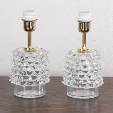 Set of 2 rostrato Barovier & Toso Murano glass table lamps in pure crystal colour, handmade Made in Italy 