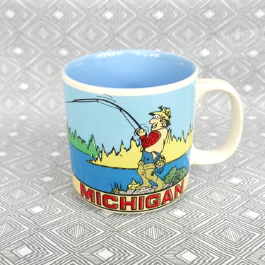 Vintage Hooked on Michigan Mug - Fisherman and Bear - Ceramic Coffee Cup - Vintage Michigan Tourist Souvenir 