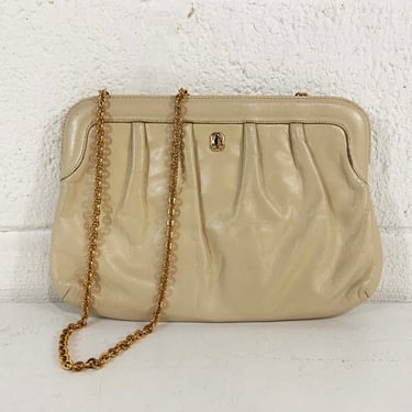 Vintage Beige Leather Block Shoulder Bag Purse Handbag Retro Cream Snap Brass Metal Chain Strap Convertible Clutch 1960s 