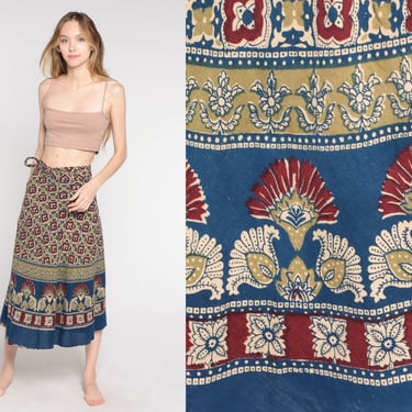 Indian Wrap Skirt Blue Floral Skirt Hippie Boho Midi Cotton Bohemian High Waisted Festival Green Red Small Medium xs s 