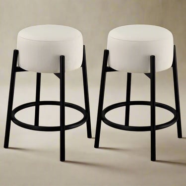 Leonard Upholstered Backless Round Stools White Black Boucle (Set of 2) FFE258-51