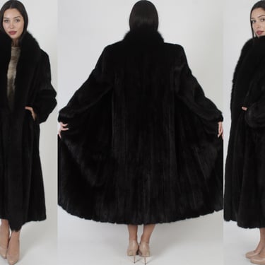 Full Length Ranch Mink Coat / Black Arctic Fox Collar Overcoat / 80s Luxurious Long Puff Sleeve Formal Overcoat 