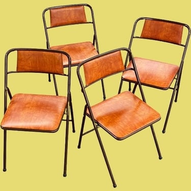 Vintage Cosco Folding Chairs Retro 1970s Contemporary + Brown Metal + Cushioned Vinyl Seats + Set of 4 + Fold Up + Card Table Seating 