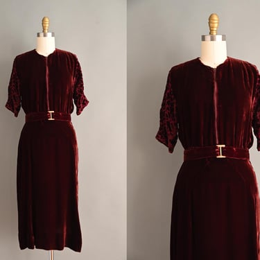 vintage 1930s Dress | Devore Velvet Red Wine Winter Silk Velvet Dress | Small 