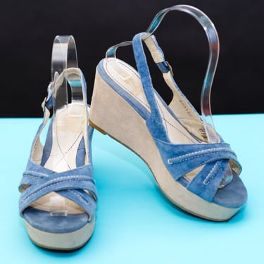 Retro Blue Suede Hush Puppies Platform Sandals | 6 - 6 1/5 