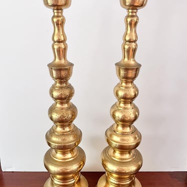 1970s Pair of Extra Large Brass Candlesticks. Matching Homco Taper Candle Holders Made in Japan. 