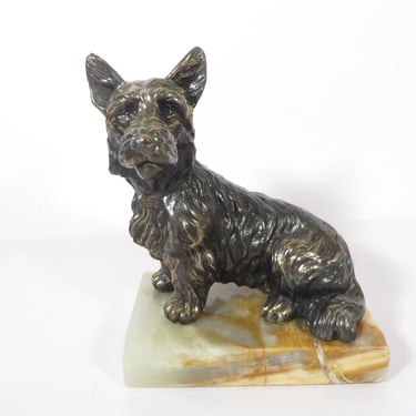 Vintage Bronze Scottish Terrier Dog Statue Alabaster Stand - Westie Terrier Dog Figure 