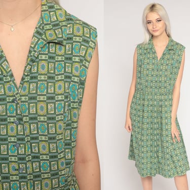 60s Day Dress Green Tile Print Midi Dress Retro Boho Collared Button Up Pin Up Shirtwaist Full Skirt Sixties Vintage 1960s Sears Large L 