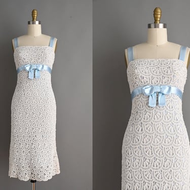 Vintage 1950s Dress | Baby Blue Satin Bow Cocktail Party Wiggle Dress | XS 