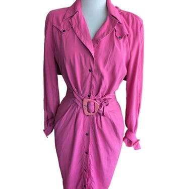 Vintage 80s Pink Silk Dress Long Sleeves Belt & Hood / S 