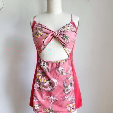 Vintage 1930s-40s Tropical Novelty Print Cutout Swimsuit / M 