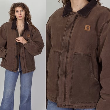 Vintage Carhartt Brown Corduroy Collar Jacket - Men's Large | 90s Canvas Duck Denim Workwear Coat 