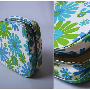 Vintage 1960s Mid Century Vinyl Blue Vibrant Floral Travel Cosmetic Case Bag 