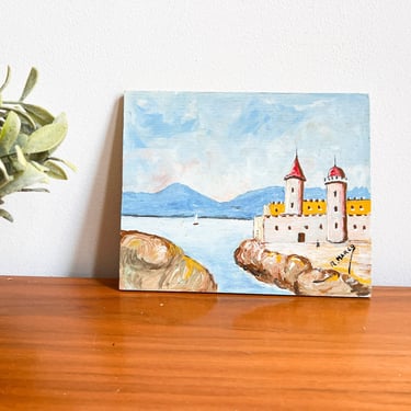R Marco Castle and Ocean Painting on Wood 