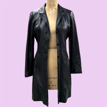 Vintage Long Leather Jacket Retro 1990s Y2K + Size Small + Black Brown + Duster + Matrix + Knee Length + Womens Apparel 