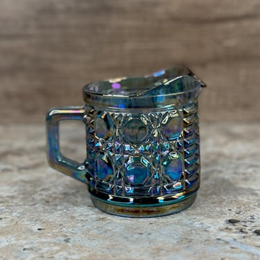 Indiana Glass Windsor Blue Carnival Glass Creamer, Button Cane Pattern 