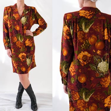 Vintage 90s Ungaro Solo Donna Paris Autumn Red Broad Shoulder Dress w/ Fall Harvest Print | Made in Italy | 1990s Ungaro Designer Wool Dress 