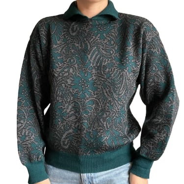 Vintage 90s Tricots St Raphael Green Paisley Collared 100% Wool Preppy Sweater 