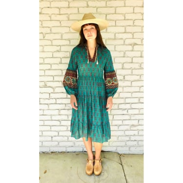 California Poet Sleeve Dress // vintage boho sleeves turquoise hippie hippy mini midi 1970s 70s // S/M 