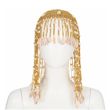 1970s Vintage Conch Shell Gold Metallic Crochet Cleopatra Headpiece 