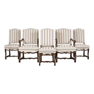 Antique French Louis XIII Style Os De Mouton Oak Dining Chairs in Striped Fabric - Set of 6 