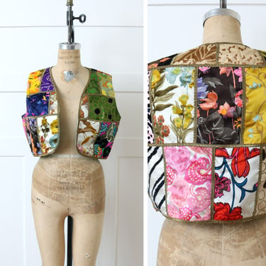 vintage 1970s patchwork vest • psychedelic velvet crazy quilt cropped fit vest 