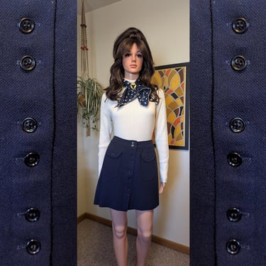 Vintage 1970s Bobbie Brooks Navy Blue Wool Blend Button Front A-line Mini Skirt with Pockets / 60s 70s Mod Winter 