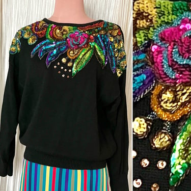 Luxe Beaded Sweater, Sequins, Glitzy Top, Vintage 80s Multi Bright Colors 