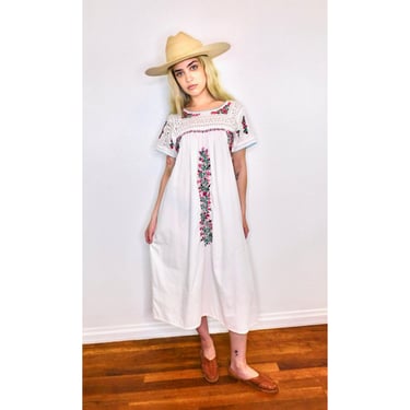 Oaxacan Dress // vintage sun Mexican hand embroidered floral 70s boho hippie cotton hippy white midi crochet // O/S 