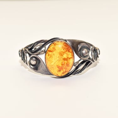 Beautiful Sterling Silver Amber Cuff, Art Nouveau Style, Valentines Day Gift, 5.875