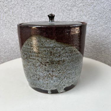 Vintage medium studio art pottery canister with lid brown grey glaze size 6” x 6.5” signed 