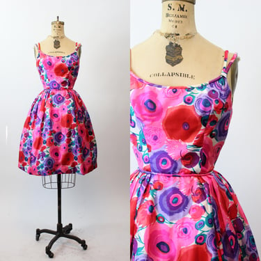 1950s LOW BACK full skirt FLORAL dress xs | new fall winter 