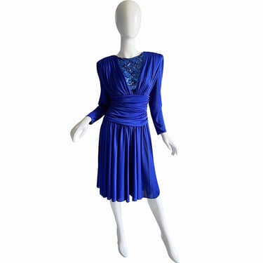 80s Abby Kent Sequin Disco Dress / Vintage Royal Blue Beaded Dress / 1980s Twirl Party Dress Medium 