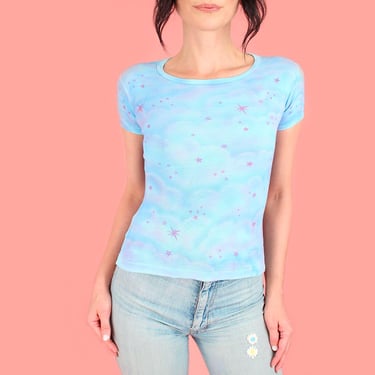 Dreamy Clouds and Stars Airbrushed Vintage 70's French Cut T Shirt PoP ArT Handmade Art 1970s Baby Ribbed Top Tee T-shirt Made in LA 