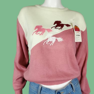 Deadstock embroidered horse sweater. Pink ponies wild horses animal sweater. Pink, burgundy, mauve. Miller outerwear. (S/M) 