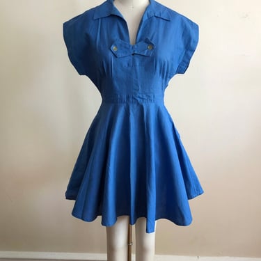 Bright Blue Cotton Mini-Dress with Matching Bloomers - 1940s 