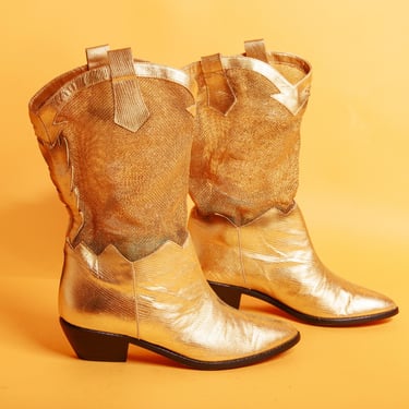 90s Gold Metallic Mesh Cowgirl Boots Vintage Cowboy Nina Sheer Boots 