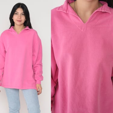 Bright Pink Shirt 90s Buttonless Polo Long Sleeve Top Collared V Neck Tee Plain Basic T-Shirt Retro Cotton Single Stitch Vintage 1990s XL 