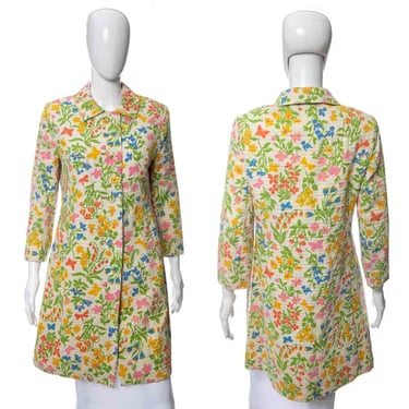 1960's Saks Fifth Avenue Cream and Multicolor Floral and Butterfly Print Coat Size M/L