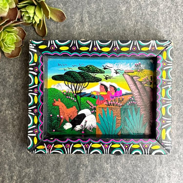 Tiqua painting from Ecuador with painted frame- colorful folk art 