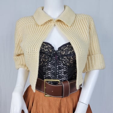 1950's Cream Wool Cabel Knit Cropped Bolero Sweater Shrug I Sz Med 