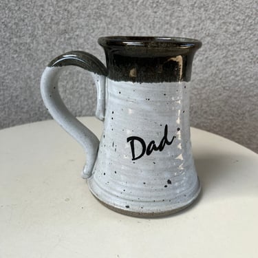 Vintage heavy large stoneware pottery mug Dad imprinted holds 18 ozs. Size 6” 