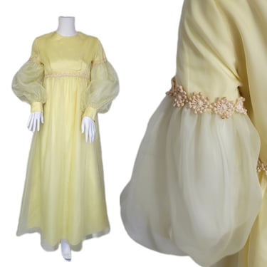 Lorrie Deb 1960's Pale Yellow Bridgerton Style Empire Waist Chiffon Maxi Dress I Sz SM 