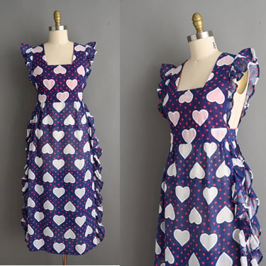 vintage 1960s Dress | Vintage Heart Print Ruffle Cotton Dress | Medium 